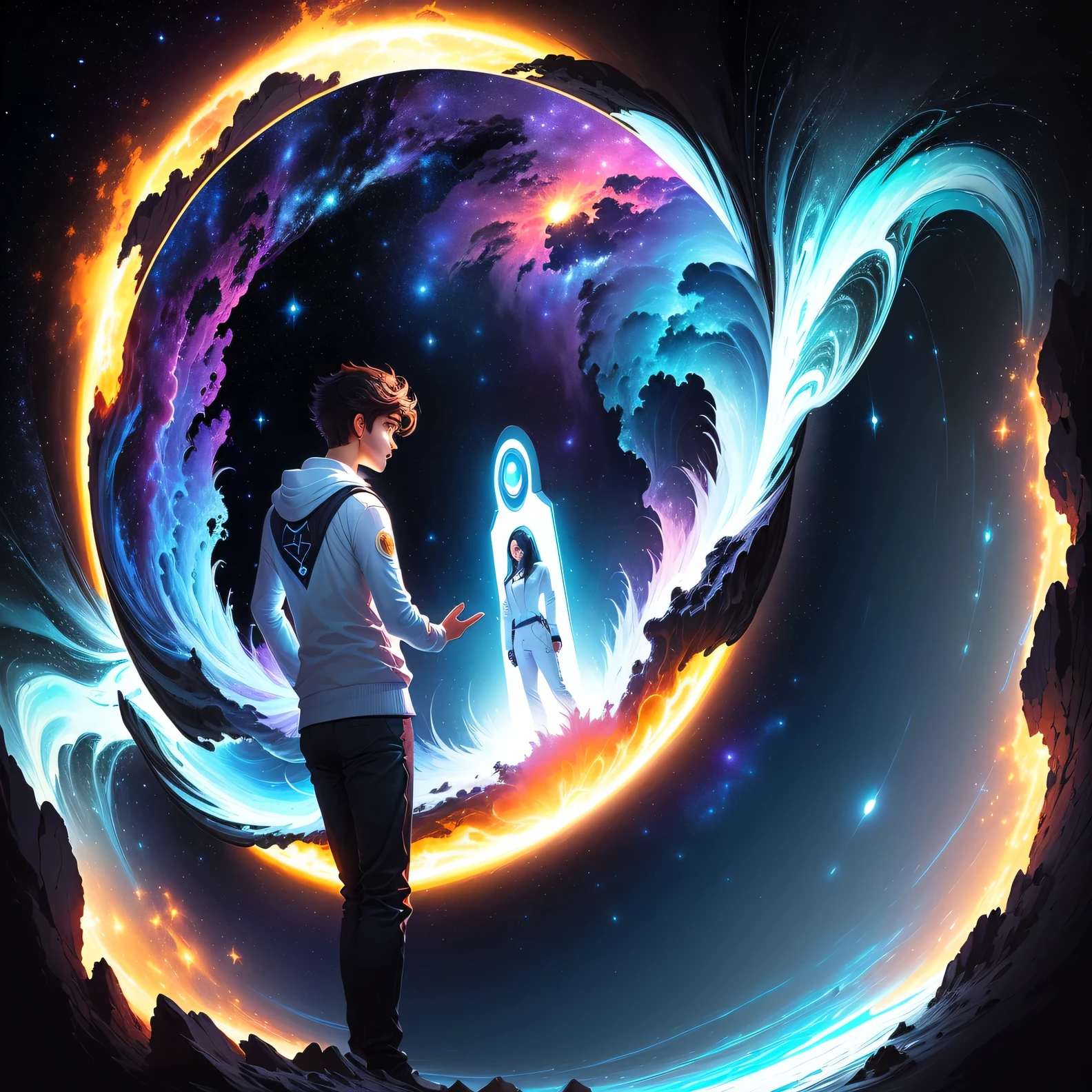 pessoa, Fique na frente de um portal espacial com vista para o sol, Cyril Rolando e Goro Fujita, portal to another universo, inspirado em Cyril Rolando, portal to another dimension, UM MUNDO, Only visible on the portal, foto de estoque de fantasia de alta qualidade, portal para outro mundo, portal to outer space, no estilo de Cyril Rolando, A peek into space, universo, Magic Galaxy Portal, O Ciclo das Estrelas, Deus