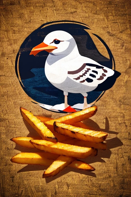 ((emblem)), logo, (symbol mark), Sketch, art, (((Seagull))), ((french fries)), colorful, contrast, detail, Movement, free, nature, food, appetite