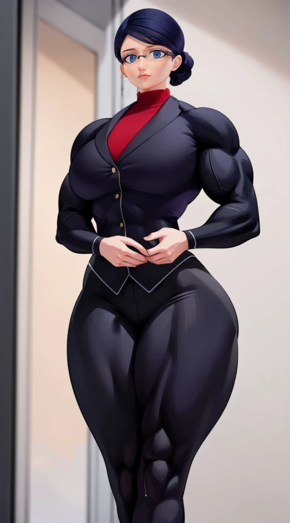 a muscular female bodybuilder in office suit, detailed face, beautiful detailed eyes, beautiful detailed lips, extremely detailed face and muscles, long eyelashes, strong muscles bulging through suit, dynamic pose, professional studio lighting, hyperrealistic, 8k, high quality, photorealistic, physically-based rendering, concept art, dramatic color palette,(from behind big ass)