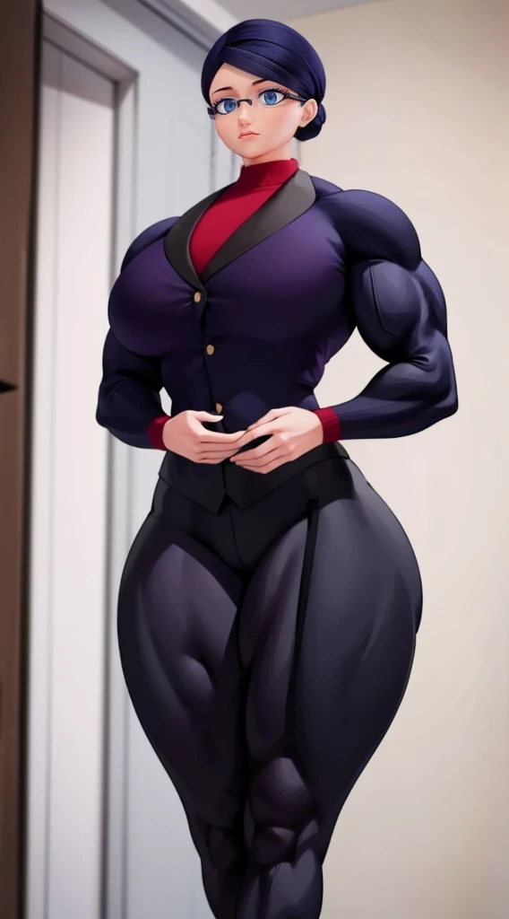 a muscular female bodybuilder in office suit, detailed face, beautiful detailed eyes, beautiful detailed lips, extremely detailed face and muscles, long eyelashes, strong muscles bulging through suit, dynamic pose, professional studio lighting, hyperrealistic, 8k, high quality, photorealistic, physically-based rendering, concept art, dramatic color palette,(from behind big ass)