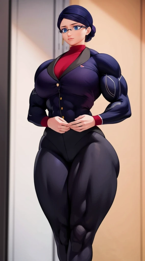 a muscular female bodybuilder in office suit, detailed face, beautiful detailed eyes, beautiful detailed lips, extremely detailed face and muscles, long eyelashes, strong muscles bulging through suit, dynamic pose, professional studio lighting, hyperrealistic, 8k, high quality, photorealistic, physically-based rendering, concept art, dramatic color palette,(from behind big ass)