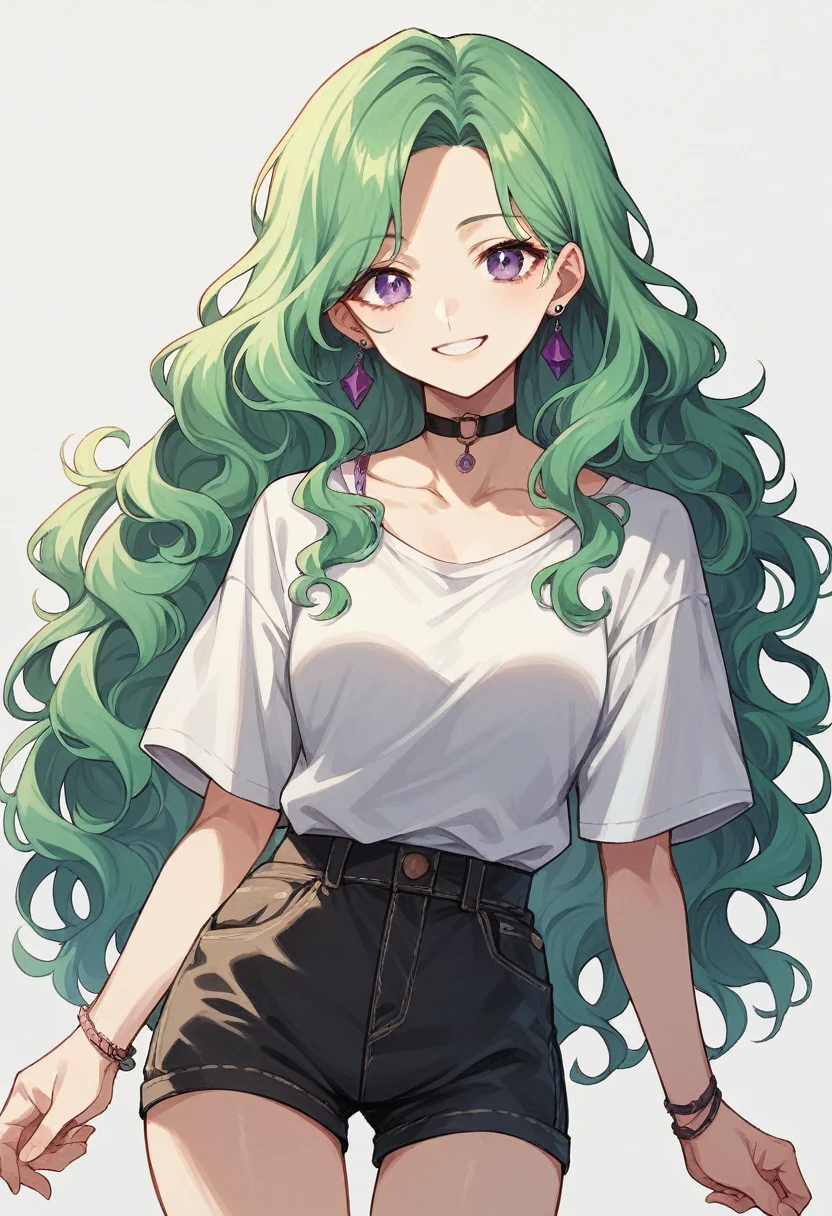 1girl,hikawa sayo,green hair,purple eyes,long hair,parted bangs,wavy hair,earrings,smile,choker,black shorts,short shorts,