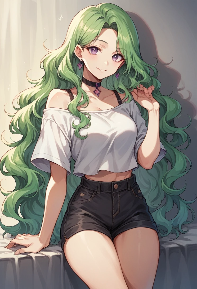 1girl,hikawa sayo,green hair,purple eyes,long hair,parted bangs,wavy hair,earrings,smile,choker,black shorts,short shorts,