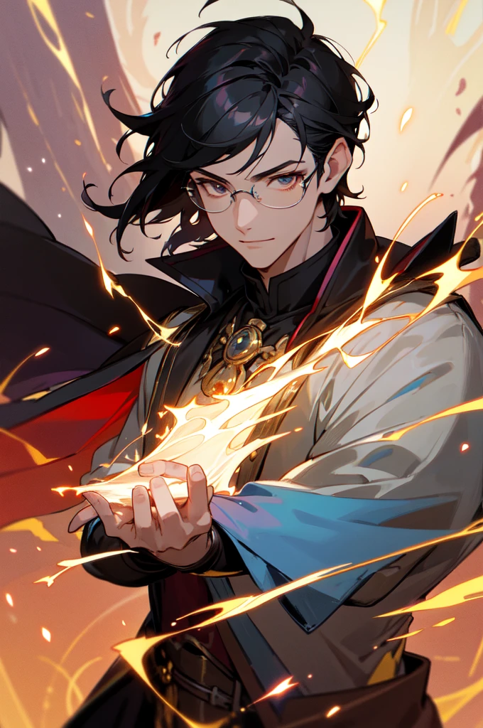 masterpiece, best quality, 1 male, young, tall muscular, handsome, finely detailed eyes, intricate details, black hair, short hair, smile, solo, upper body, detailed background, detailed face, good sorcerer, color magical robes, determined expression, white color scheme, dark crimson light, glowing magical runes, realistic lighting, floating particles, sparks, surrounded by gold lightning red arcane symbols, corrupted by eldritch power, bloom, glasses