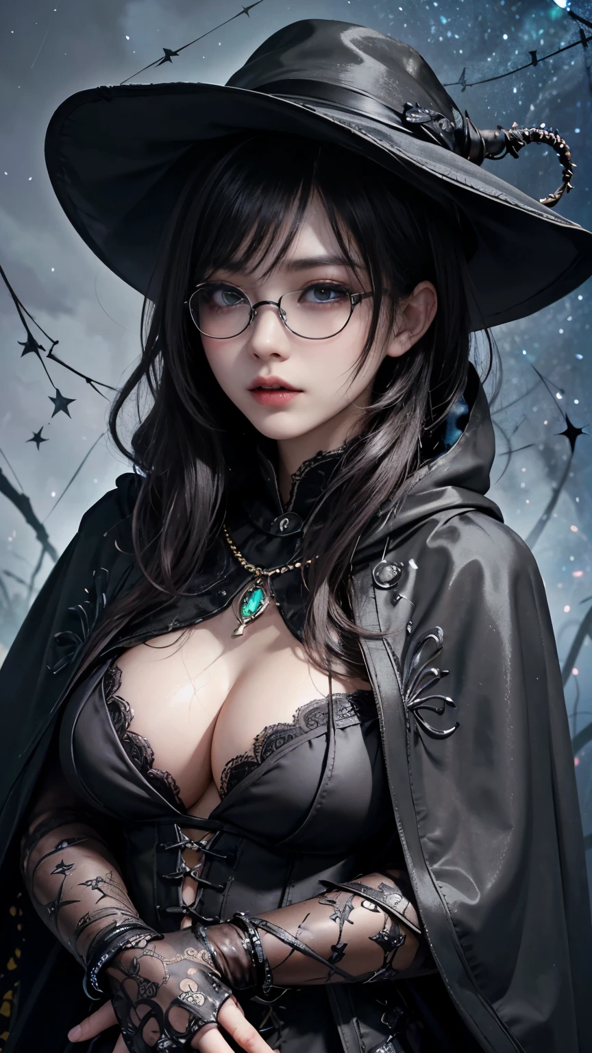 (Fatal Beauty,A charming villain,witch) ,(A supple and powerful physique),(Sensual charm),(Mysterious charm:1.1),(Captivating silhouette),(highest quality,High resolution:1.2),(dark,Threatening:1.1),((dark horror theme:1.5),(Thriller:1.5)),(Dark fantasy:1.5), (((Countless stars fly away:1.5),(Absurd:1.5),(wonderful:1.5))),Woman in a dress, ((((Glasses))))、((((big sapphire necklace))))、(Powerful numbers:1.1),(((Big Breasts))),(((Fiery crown:1.1))),prime color,Urban,Very detailed,masterpiece,Intricate details,Faded,Very detailed, Eye on the details,Intricate details,Dark and spooky atmosphere, spiritual being, Unforgettably beautiful, Ghostly figures, Shadow-like shape, Spooky whispers, Ominous Aura, Goth Maiden, Very darkHer eyes, Like dazzling fur in a starless haze,Her Mogul Snaps, Mysterious Cemetery,Black hair swaying in the moonlight, She summons darkness, (beautiful: 1.7), (Black Hat: 1.6), (An intricately decorated jet-black cloak: 1.6), (Delicately decorated cloak, Despite being damaged: 1.5), Hypermaximalist, Breathtaking oil paintings, Surreal, Ultra-realistic digital illustrations that mimic the style of oil paintings, Seamlessly blending the psychedelic visionary art of Alex Grey with the physical-mechanical aesthetic of H.R. Giger. Wonderful configuration, (Shining Eyes:1.6)、(Glowing Eyes:1.1),(hellish landscape:1.1),(fire,sulfur:1.1),(Threatening atmosphere:1.1),(dark shadows,Threatening presence:1.1),(Unlucky Clouds,Stormy Skies:1.1),(dark,Spooky atmosphere:1.1),(Aura of misfortune,Evil energy:1.1),(dark aura,cigarette:1.1),(Extreme heat,Burning Flames:1.1),(Nightmare Visions:1.1),(Predicting the end:1.1),(Whispers of misfortune,Devilish Laugh:1.1),(Cries of pain,echoing screams:1.1),(Bad luck symbol,Ancient runes:1.1),(Mysterious Relic,dark art ifacts:1.1),(Infernal Ritual,Ritual sacrifice:1.1),(Eternal Ruin,A hopeless existence:1.1), Inspired by abandoned mech backgrounds. Art created by Craig Mullins, Necrostyle., Detailed Description, Futurist