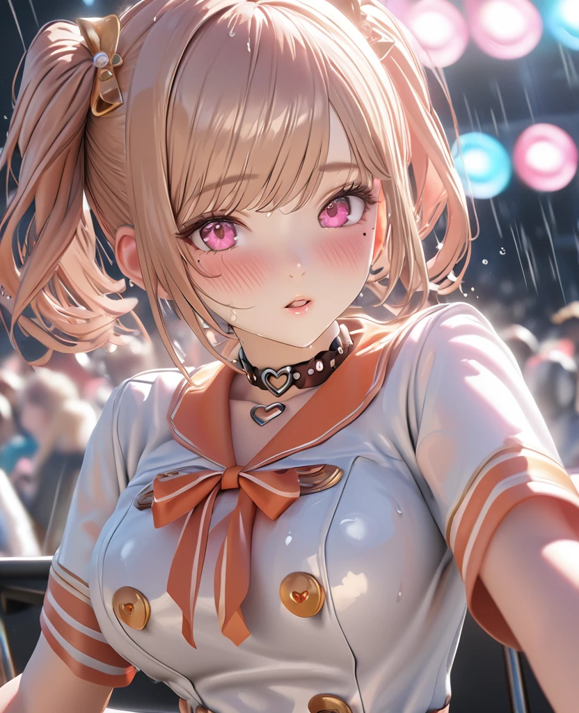 masterpiece, best quality, ultra detailed, high resolution, expensive resolution, HDR, 4k, 8K, uniform 8k wallpaper, ultra detailed CG, masterpiece, realistic, 2D, 3D, beautiful details, depth, fine texture, ultra fine: 1.3, perfectly in focus, crispy .skin, .he, very cute anime girl, idol, brown short twintail hair wearing expensive, Outdoor stage in heavy rain, soaking wet, her breasts visible through the fabric,one girl, one person, brown short twintail hair, idol, mole under eye, looking at the viewer, expensive, blush, mole, parted lips, hair accessory, heart shaped choker, pink eyes, choker