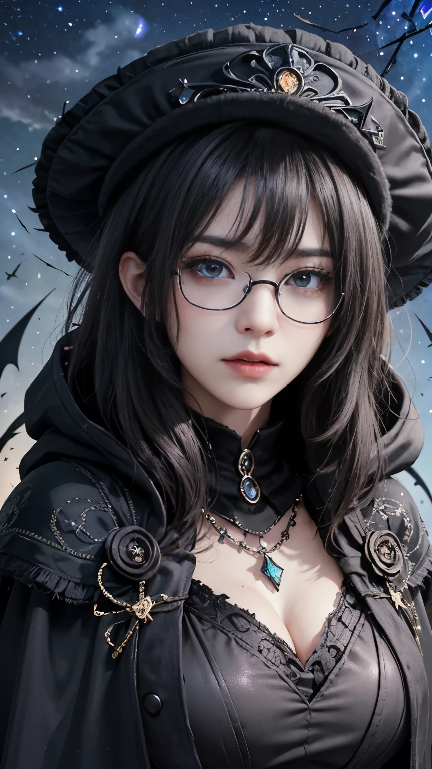 (Fatal Beauty,A charming villain,witch) ,(A supple and powerful physique),(Sensual charm),(Mysterious charm:1.1),(Captivating silhouette),(highest quality,High resolution:1.2),(dark,Threatening:1.1),((dark horror theme:1.5),(Thriller:1.5)),(Dark fantasy:1.5), (((Countless stars fly away:1.5),(Absurd:1.5),(wonderful:1.5))),Woman in a dress, ((((Glasses))))、((((big sapphire necklace))))、(Powerful numbers:1.1),(((Big Breasts))),(((Fiery crown:1.1))),prime color,Urban,Very detailed,masterpiece,Intricate details,Faded,Very detailed, Eye on the details,Intricate details,Dark and spooky atmosphere, spiritual being, Unforgettably beautiful, Ghostly figures, Shadow-like shape, Spooky whispers, Ominous Aura, Goth Maiden, Very darkHer eyes, Like dazzling fur in a starless haze,Her Mogul Snaps, Mysterious Cemetery,Black hair swaying in the moonlight, She summons darkness, (beautiful: 1.7), (Black Hat: 1.6), (An intricately decorated jet-black cloak: 1.6), (Delicately decorated cloak, Despite being damaged: 1.5), Hypermaximalist, Breathtaking oil paintings, Surreal, Ultra-realistic digital illustrations that mimic the style of oil paintings, Seamlessly blending the psychedelic visionary art of Alex Grey with the physical-mechanical aesthetic of H.R. Giger. Wonderful configuration, (Shining Eyes:1.6)、(Glowing Eyes:1.1),(hellish landscape:1.1),(fire,sulfur:1.1),(Threatening atmosphere:1.1),(dark shadows,Threatening presence:1.1),(Unlucky Clouds,Stormy Skies:1.1),(dark,Spooky atmosphere:1.1),(Aura of misfortune,Evil energy:1.1),(dark aura,cigarette:1.1),(Extreme heat,Burning Flames:1.1),(Nightmare Visions:1.1),(Predicting the end:1.1),(Whispers of misfortune,Devilish Laugh:1.1),(Cries of pain,echoing screams:1.1),(Bad luck symbol,Ancient runes:1.1),(Mysterious Relic,dark art ifacts:1.1),(Infernal Ritual,Ritual sacrifice:1.1),(Eternal Ruin,A hopeless existence:1.1), Inspired by abandoned mech backgrounds. Art created by Craig Mullins, Necrostyle., Detailed Description, Futurist