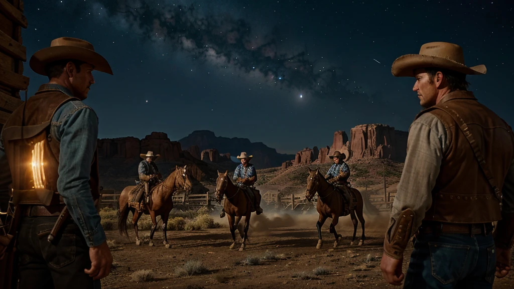 Generate an image: Under the starry night sky of the Wild West, a group of brave cowboys from the town of Red Rock fire determinedly at the advancing undead. The cowboys are dressed in cowboy hats, leather vests, cotton shirts and blue jeans, armed with rifles that shine in the moonlight. The bodies of the undead, decomposed and eyes glowing with fury, move slowly towards them across the dusty desert landscape. The scene is full of action and tension as the cowboys fight to protect their town against this supernatural threat.

Image style: Realistic painting.