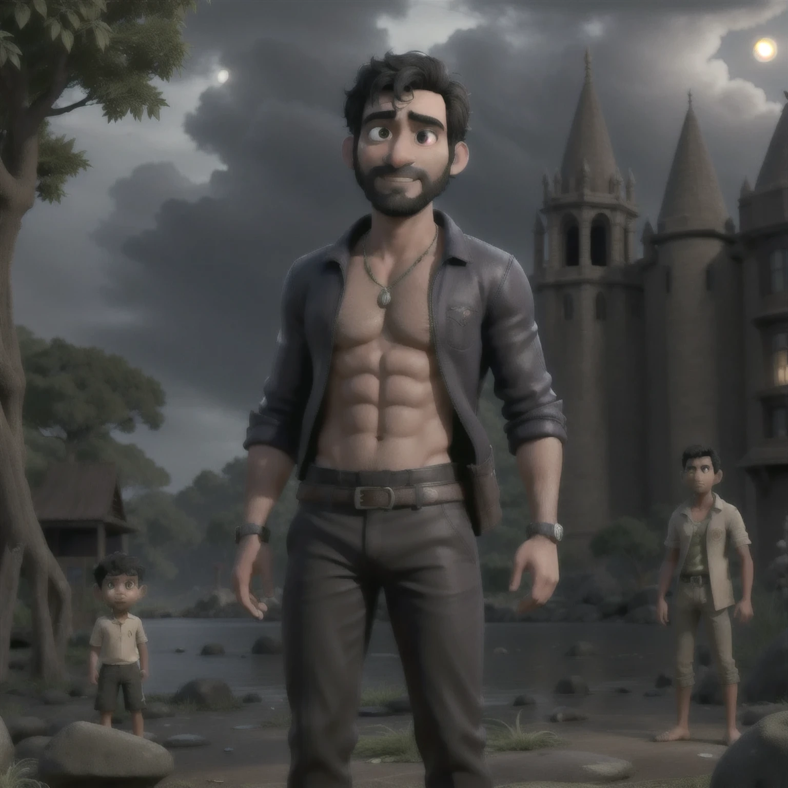 Adipurush, with Prabhas embodying the courageous and noble figure of Raghav, stands before a serene body of water under the soft glow of the moonlight. Kriti Sanon, as the radiant and compassionate Janki, is by his side, her eyes filled with concern and love. In the background, Saif Ali Khan, as the menacing and cunning Lankesh, casts an ominous shadow, his eyes glinting with malice and deceit. The tranquility of the scene is disrupted by the rumble of approaching thunder, which foreshadows the impending battle between good and evil. The cool breeze rustles through the leaves, carrying