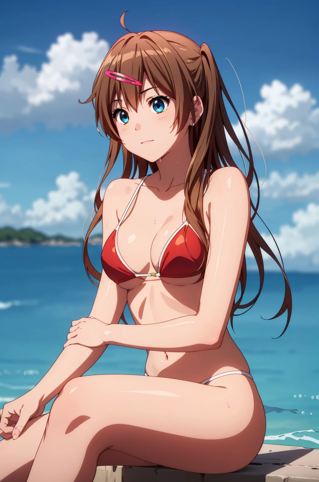 ((masterpiece, Highest quality, High resolution, UHD, Pixel perfect, Depth of written boundary, 4K, rtx, HDR)), 1 Girl, single, alone, 24-years-old, Beautiful Anime Girls, Beautiful art style, anime character, ((Parted bangs, Brown Hair)), (blue eyes、Round eyes, Delicate eyelashes、Beautiful eyelashes, Perfect Eyes), (Detailed face:1.2), (Smooth texture:0.75, Realistic texture:0.65, Realistic:1.2, Cinematic, Anime CG Style), Perfect body, Ocean:1.3、Moderately good breasts:1.7、Red Micro Bikini Swimsuit:1.8、Visible from the thighs:1.9、Wet、Water Drop、Splash、nsfw、visible from below、Sitting、Crossing your legs