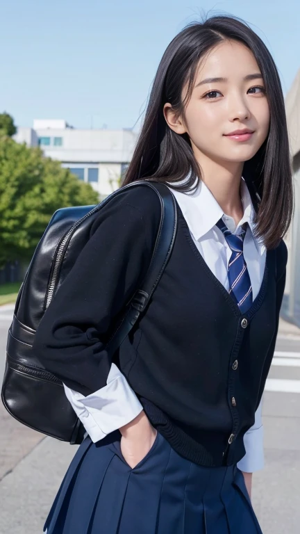 ((High definition)),((high resolution)),((High definition)),((detailed)),((8K)),((Perfect Face)),((Perfect body)),((Realistic)),((Real)),((Realistic)),((beautiful girl)),((school uniform)),Straight long hairstyle、Showing his forehead、Short skirt、Looking up、Bend over and peer at me、Smile with your mouth closed、Jet black hair、Dark brown eyes、Double eyelids、Big Eyes、Schoolyard、blue sky、sunny、Carry a backpack on one&#39;s back