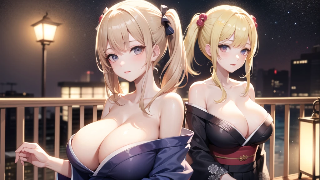 (((masterpiece, best quality))), (((superior quality))), cute girl, ((extremely detailed girl)), ((huge breasts)), (yukata), (bare shoulders), strapless top, twin-tail blonde