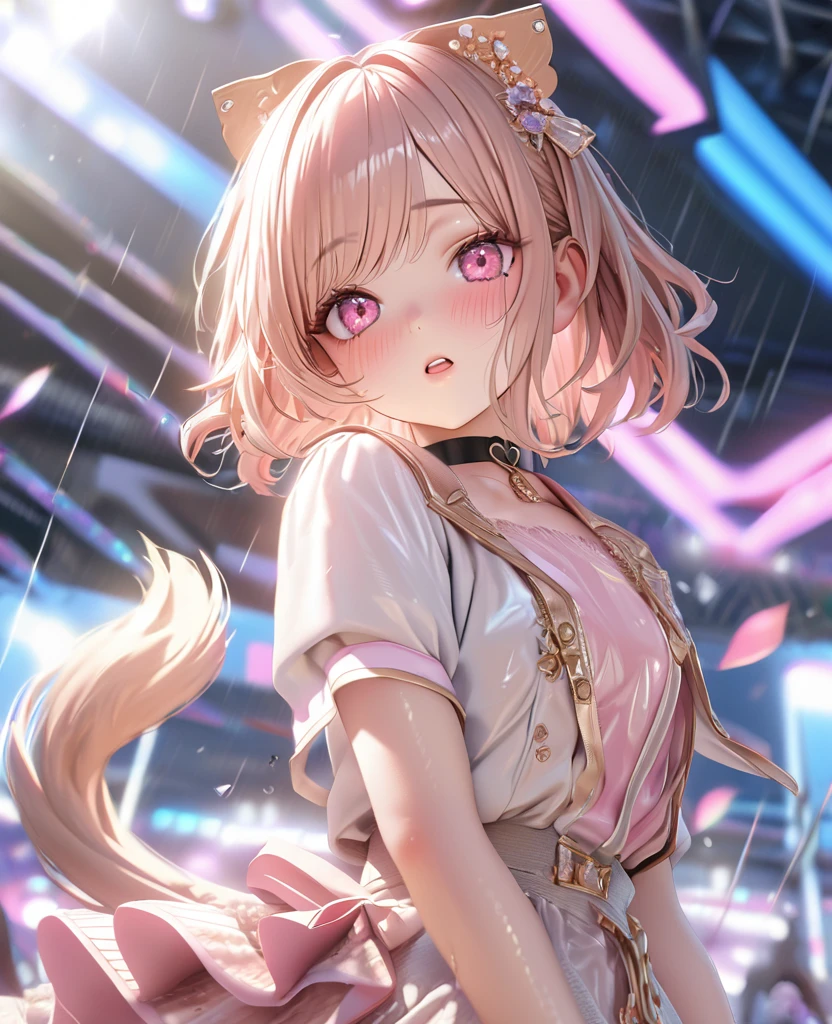 masterpiece, best quality, ultra detailed, high resolution, expensive resolution, HDR, 4k, 8K, uniform 8k wallpaper, ultra detailed CG, masterpiece, realistic, 2D, 3D, beautiful details, depth, fine texture, ultra fine: 1.3, perfectly focused, crispy .skin, .he, very cute anime girl, idol, A girl in her twenties,drenched in heavy rain outdoor stage, chest part is visible through, brown short twin-tail hair wearing expensive clothes, one girl, one person, brown short twin-tail hair, idol, mole under eye, looking at the viewer, expensive, blush, mole, open lips, hair accessory, heart-shaped choker, pink eyes, choker