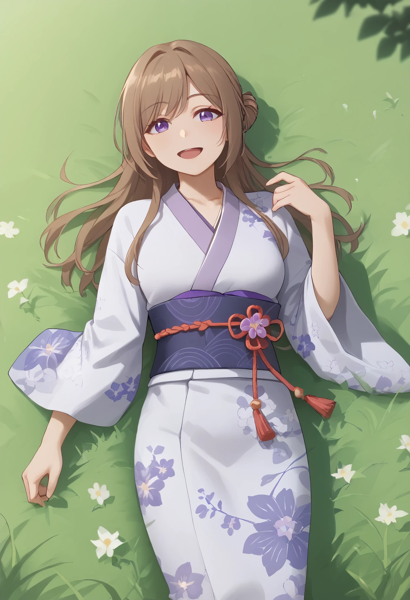 score_9, score_8_up, score_7_up, score_6_up, source_anime,masterpiece, best quality, 8k, 8k UHD, ultra-high resolution, ultra-high definition, highres, shading, good_hands, himesaki rinami, purple eyes, brown hair, hair bun, long hair, kimono, outdoors, grass, solo, 1girl, lying on grass, on back, from above, smile, open mouth,