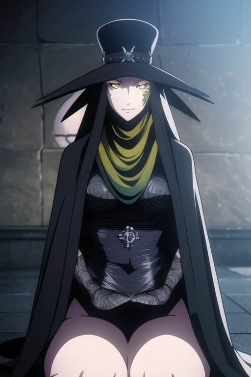 Scathach, solo, female1, shin megami tensei, cape hat, black cape, flower tattoo, gloves, white skin, (yellow eyes 1.5)flowing, sitting, shirt, smile, 
BREAK looking at viewer,
BREAK outdoors,
BREAK (masterpiece:1.2), best quality, high resolution, unity 8k wallpaper, (illustration:0.8), (beautiful detailed eyes:1.6), extremely detailed face, perfect lighting, extremely detailed CG, (perfect hands, perfect anatomy),
