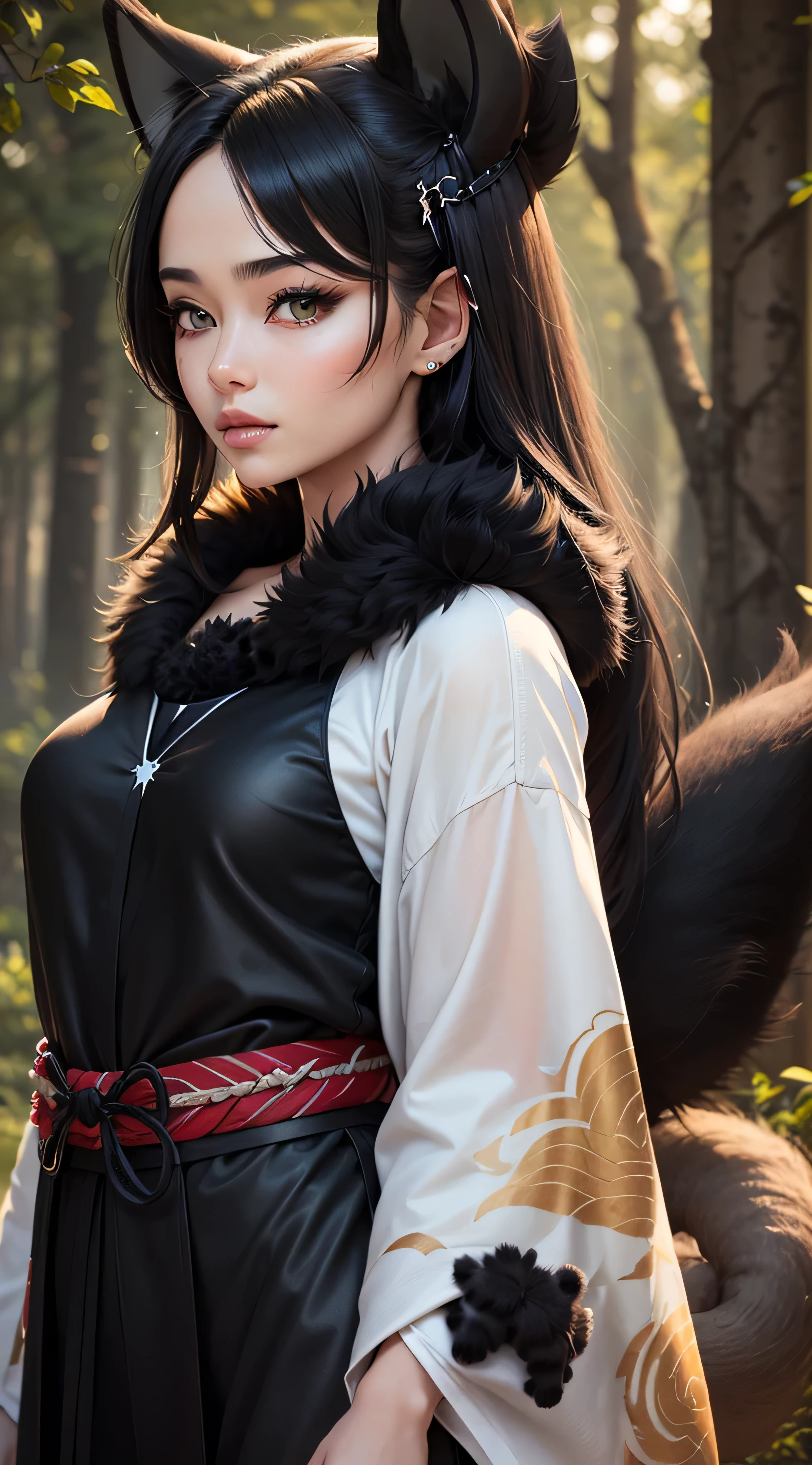 [a realistic fox-girl] with black hair and nine tails, (nine tails with black fur:2.0) , nine tails, beautiful face, high cheekbones, green eyes, (very detailed sinto clothes:2.0) , inspired by Sugimura Jihei, delicate and fine, (tentacles:fox tails:0.5), white form, inspired by Sōami, jormungand, mystical creatures, realistic, ultra detailed, sunrise lighting, detailed forest background