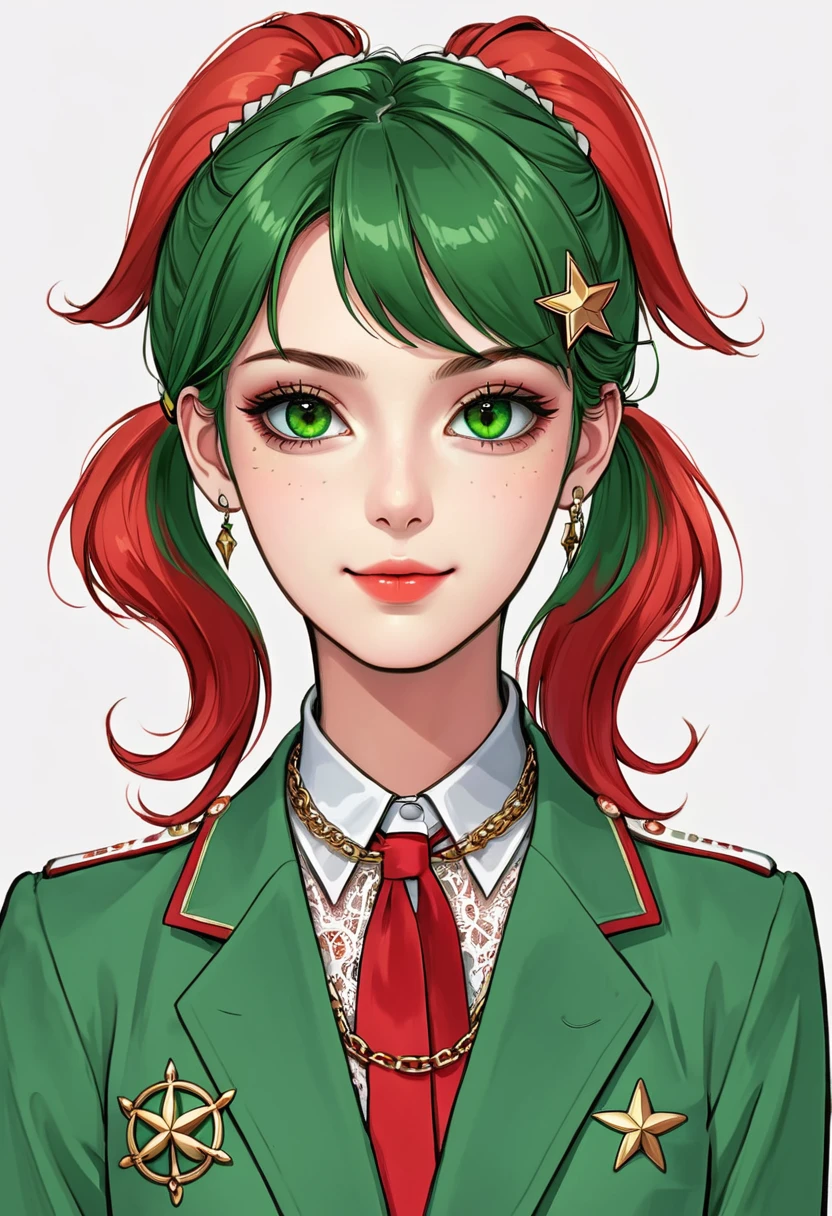 (Digital Illustration,Detailed anime style girl portrait,Solitary,symmetry),(Big colorful eyes,Fashionable and exquisite facial features,Exquisite makeup,Sweet smile,Star symbol mark on cheek,Soulful gaze,),(Red twin ponytails,Beautiful hairstyle,Hairpin),(White high collar lace shirt,Green suit,Epaulettes-Chain,cool,),Clean and simple white background,(((Correct human anatomy)))