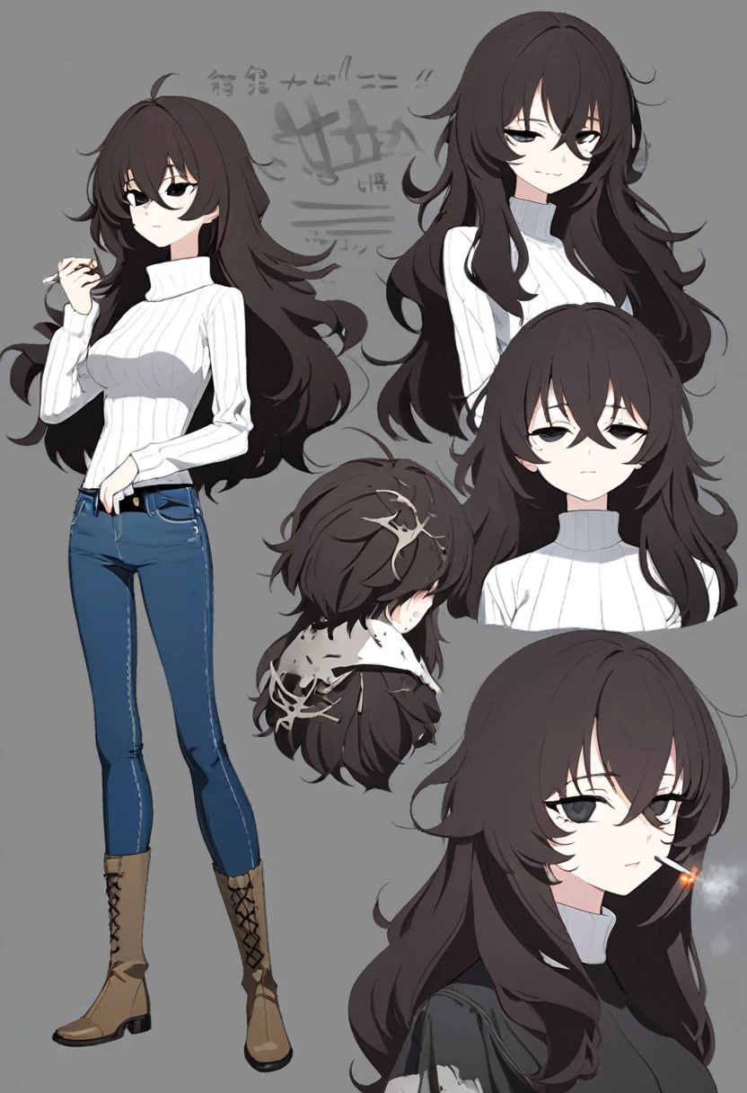 One Woman,Downer,older sister,Concept Art,Dark brown hair,Straight hair with slight inward curls,Staring eyes,Eye Ridge,black eye,Crossed bangs,whole body,smile,Slightly larger breasts,Gray background,Bangs that reach down to the eyes,Messy hair,Tight dark jeans,Black and white turtleneck sweater,Multiple views of the same character,Character Design,Dark circles under the eyes,Bad look,Listless,Sloppy,accessories,Cafe staff,Holding a cigarette,whole bodyCharacter Design,Detailed hands,Height: 170cm,boots,