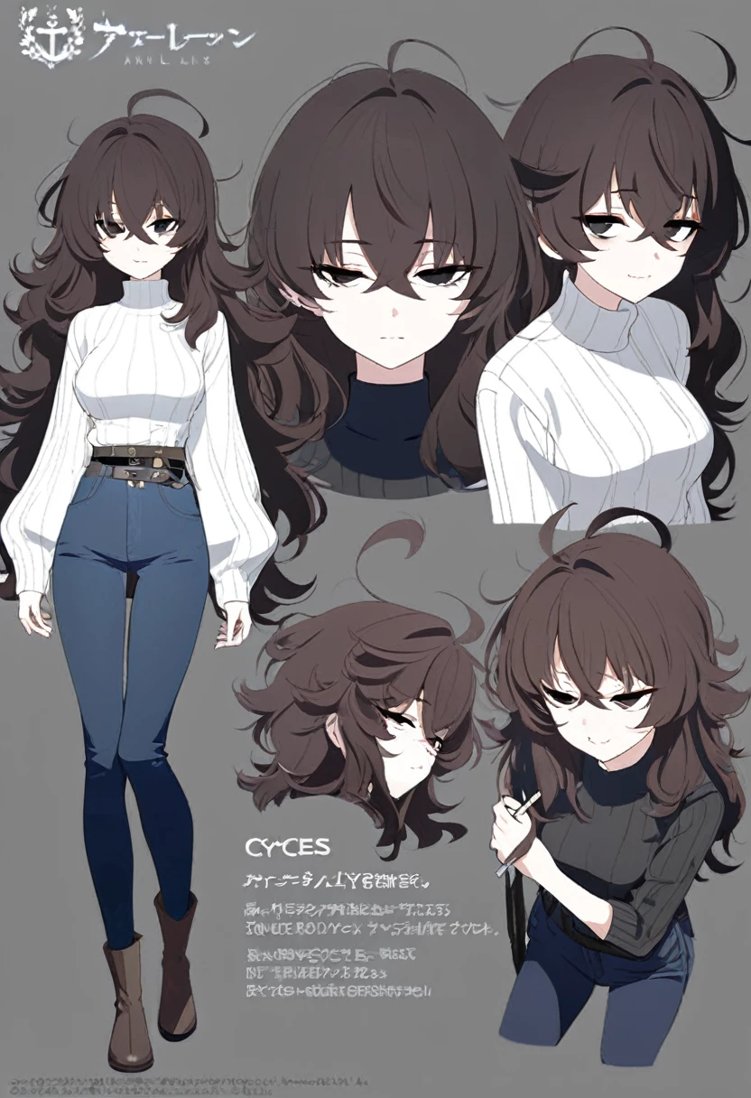 One Woman,Downer,older sister,Concept Art,Dark brown hair,Straight hair with slight inward curls,Staring eyes,Eye Ridge,black eye,Crossed bangs,whole body,smile,Slightly larger breasts,Gray background,Bangs that reach down to the eyes,Messy hair,Tight dark jeans,Black and white turtleneck sweater,Multiple views of the same character,Character Design,Dark circles under the eyes,Bad look,Listless,Sloppy,accessories,Cafe staff,Holding a cigarette,whole bodyCharacter Design,Detailed hands,Height: 170cm,boots,