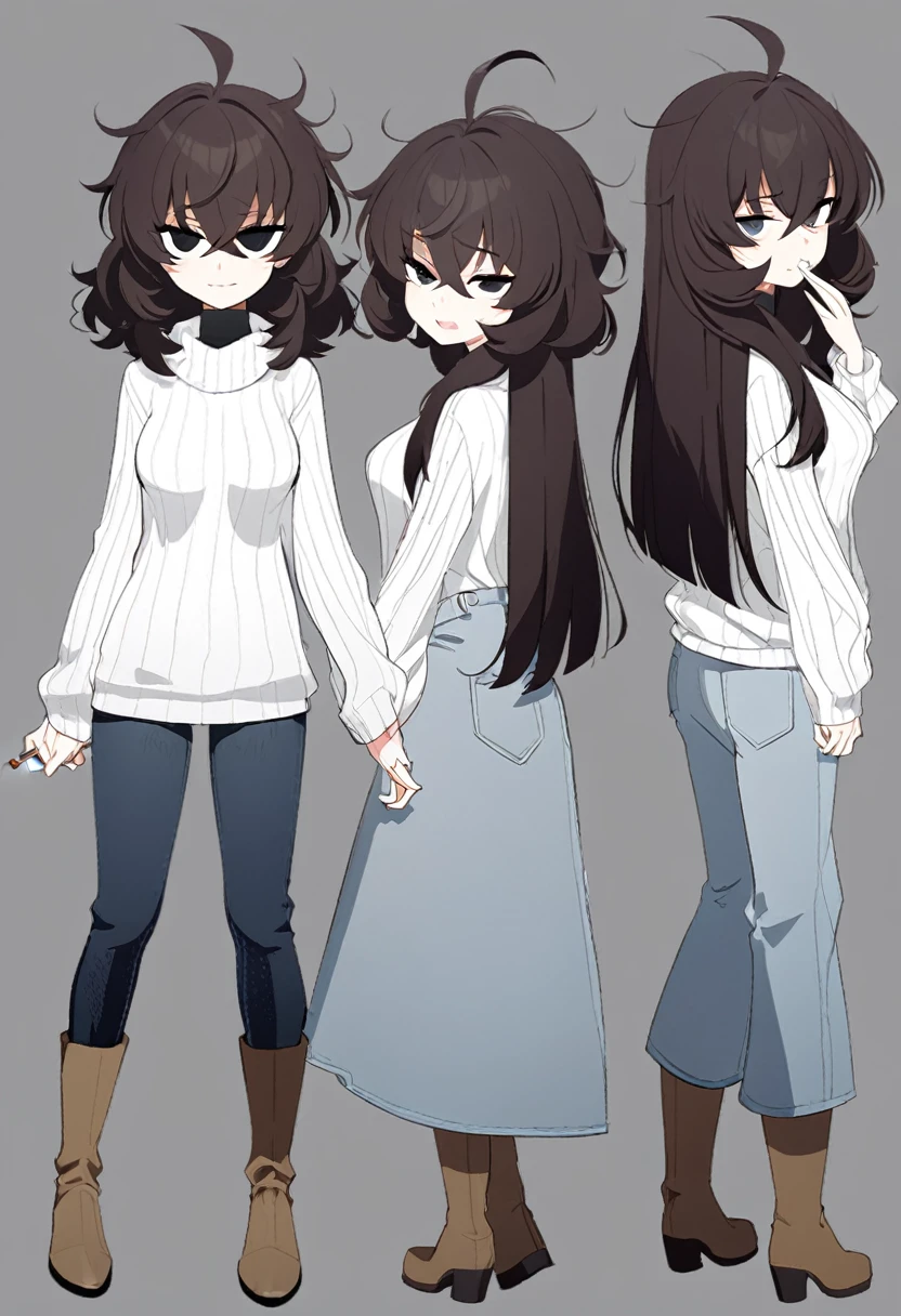 One Woman,Downer,older sister,Concept Art,Dark brown hair,Straight hair with slight inward curls,Staring eyes,Eye Ridge,black eye,Crossed bangs,whole body,smile,Slightly larger breasts,Gray background,Bangs that reach down to the eyes,Messy hair,Tight dark jeans,Black and white turtleneck sweater,Multiple views of the same character,Character Design,Dark circles under the eyes,Bad look,Listless,Sloppy,accessories,Cafe staff,Holding a cigarette,whole bodyCharacter Design,Detailed hands,Height: 170cm,boots,
