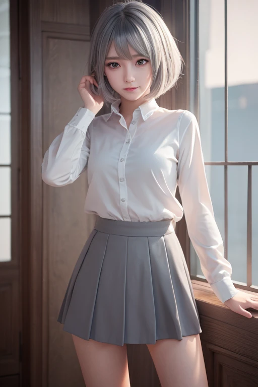 (quality8k,Unreal Engine,masterpiece,best quality), 1 girl, beautiful girl,young girl,teen,anime,cute,female ,Gray Hair、Short skirt、Medium Hair、