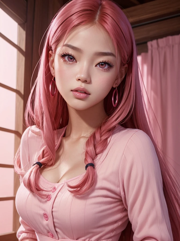 glowing skin, lips, sacimaer detailed skin, Beautiful face and detailed pink eyes, Spotlight, professional lighting, 1 girl, Alone, long hair, wearing a cute pink outfit, natural pose, lips, indoor, realistic, I want the whole image be created, face and body of blackpink's Jennie kim with red hair and in four places with different poses doing random things  