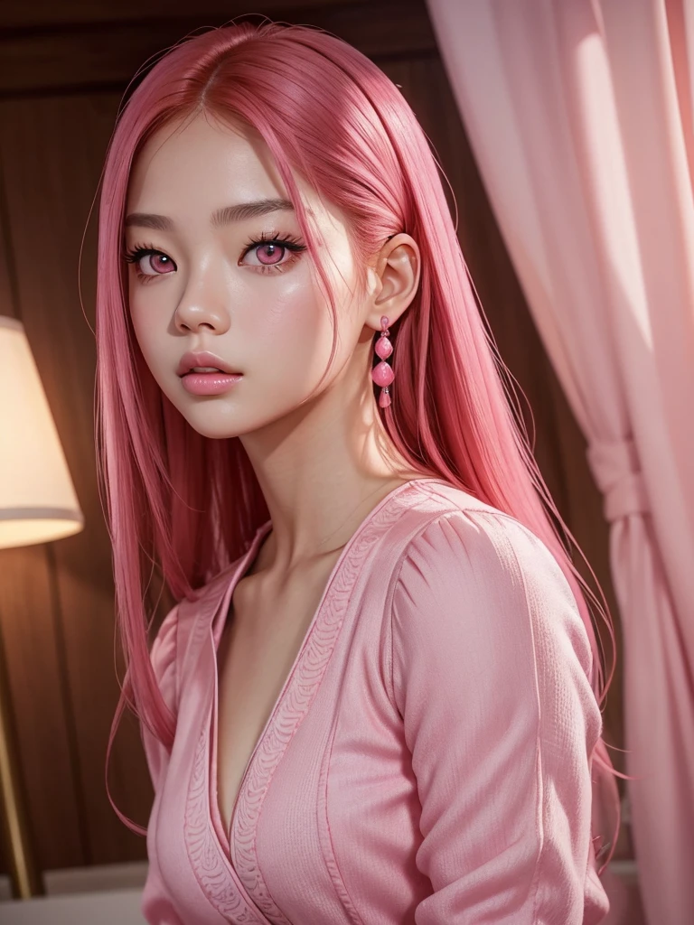 glowing skin, lips, sacimaer detailed skin, Beautiful face and detailed pink eyes, Spotlight, professional lighting, 1 girl, Alone, long hair, wearing a cute pink outfit, natural pose, lips, indoor, realistic, I want the whole image be created, face and body of blackpink's Jennie kim with red hair and in four places with different poses doing random things  