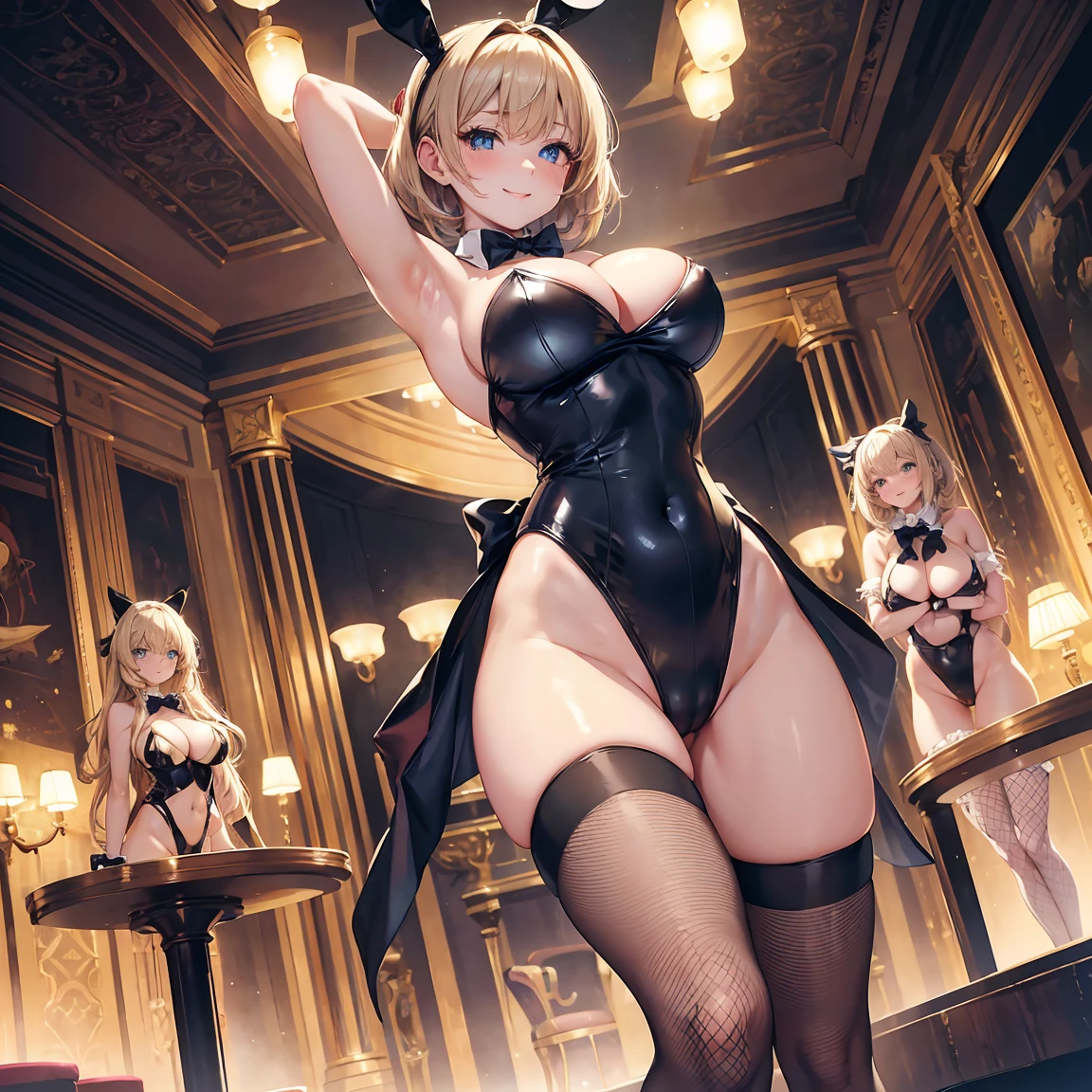 Beauty, Big Breasts, Beige hair, Bob Hair, Loosening perm, Blue Eyes, masterpiece, high quality, 4K, casino, smile, Dynamic pose, Fishnet tights, Black leotard bunny suit, Cleavage, Covered breasts, Collar with bow tie, cuffs, Place your arms behind your head, Stand up straight