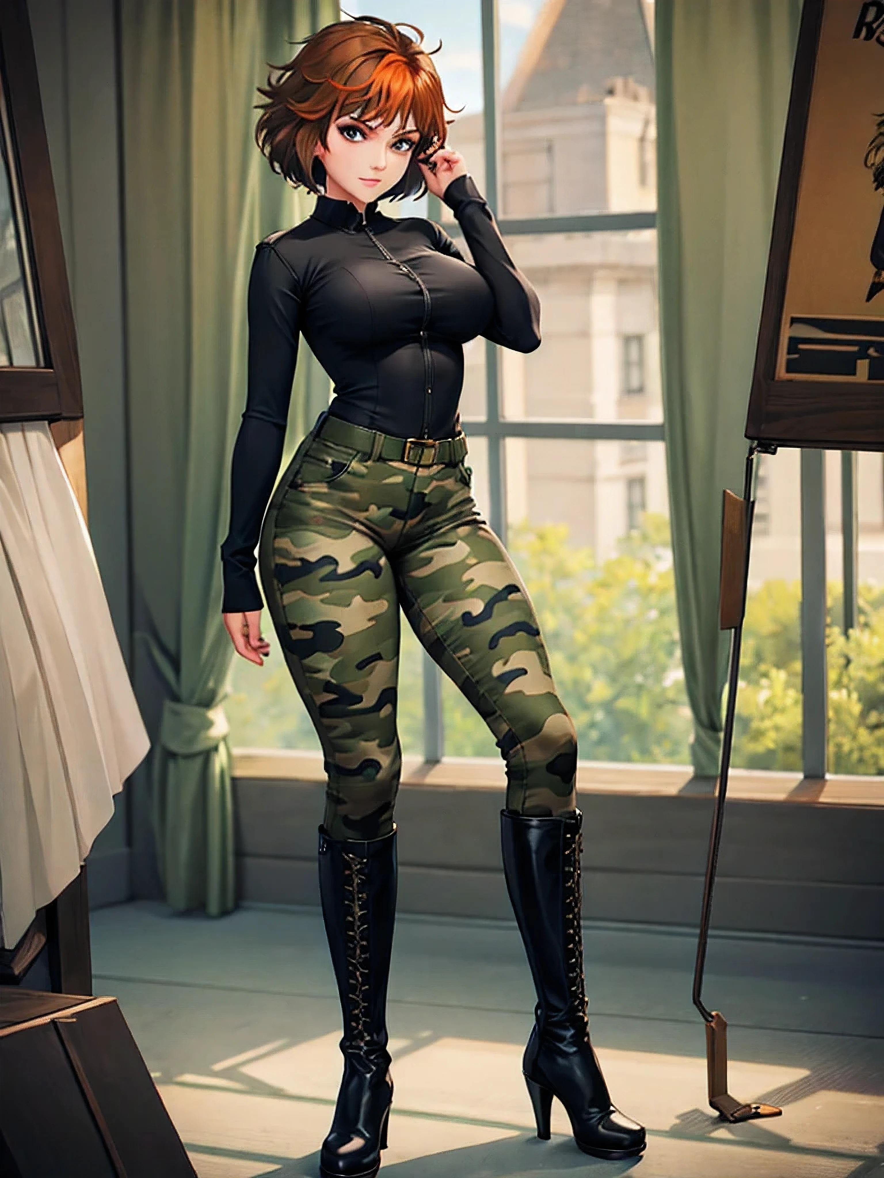merula, full body, thighs, high boots high heels, solo girl, medium tits, camouflage pants