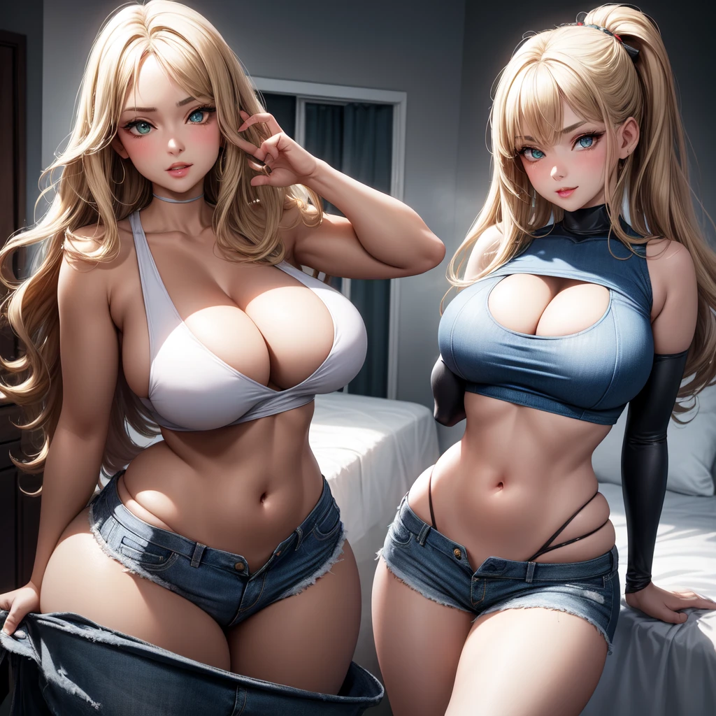 1 girl, solo, Big round breasts, curvy hips, hourglass waist, realistic, bright blonde hair, light green eyes, amazing big eyes, eye details, eyebrow details, white crop top, denim skirt, parted lips, blush, confident, dominant, bdsm, smirk, naughty, mischevious face, HD, good quality, crop top, curvy, bedroom setting, standing up