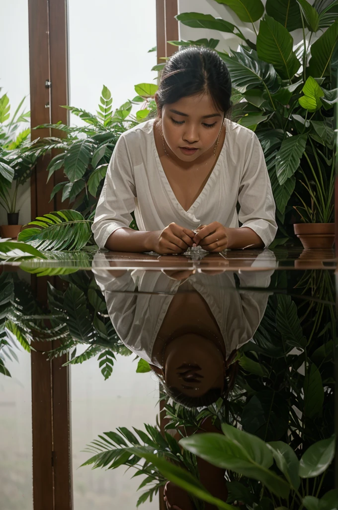 Buat karya seni digital yang menampilkan daun tertutup embun dengan tetesan air reflektif yang sangat detail yang berisi seluruh dunia di dalamnya, menampilkan konsep fotografi makro dan surealisme.