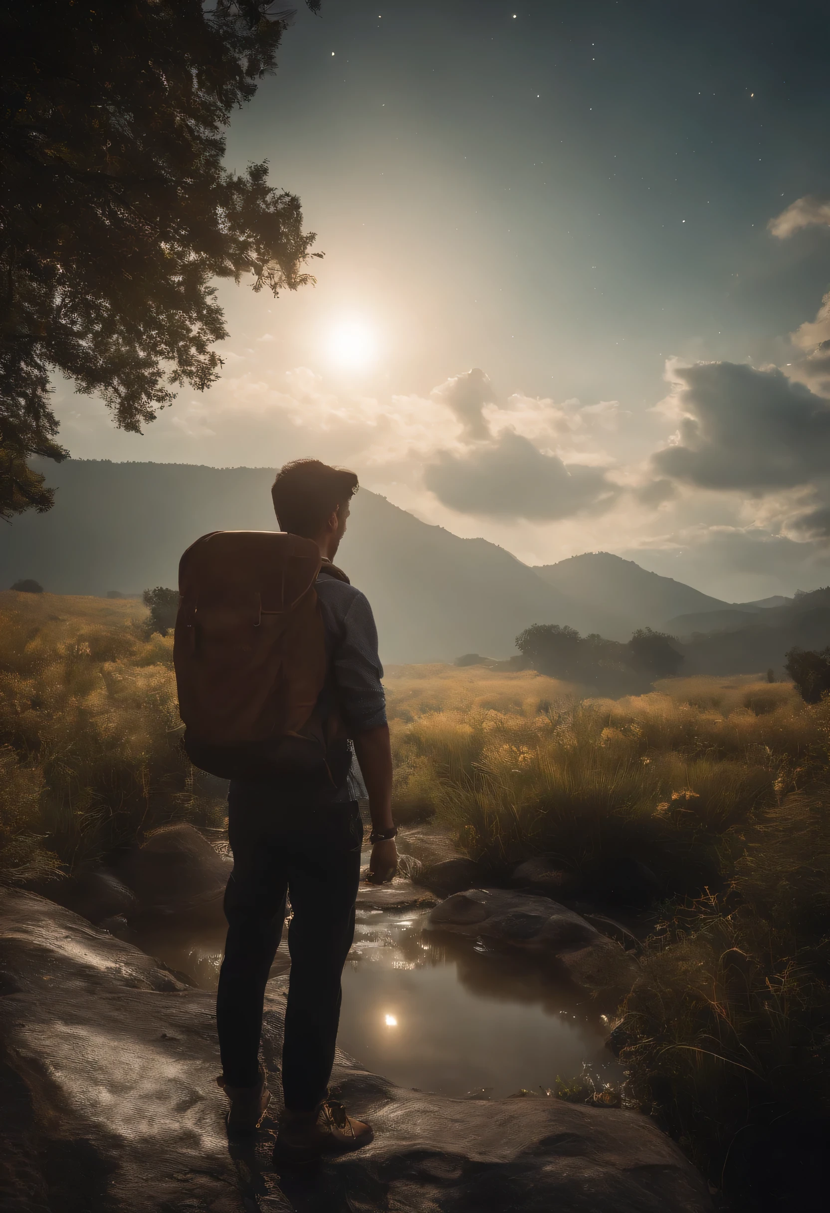 ((melhor qualidade)), ((obra-prima)), (Uma detalhada:1.4),Improved dynamic perspective,back,cena noturna,starry sky,(sombriamente:1.4),((Business Professional,falling back in every way imaginable,brilhando sob o luar,Um riacho estrelado fluiu diante dele)),In the darkness a secret emerges,(Mochila de aventureiro),(ervas daninhas),florais,(((roupas de aventureiro))),Efeitos de brilho,superfino,Obras de mestres,alta qualidade,8k resolution,profundidade de campos,Film lighting,Epic shot,alta qualidade,superfino,Preciso,cinematic lighting