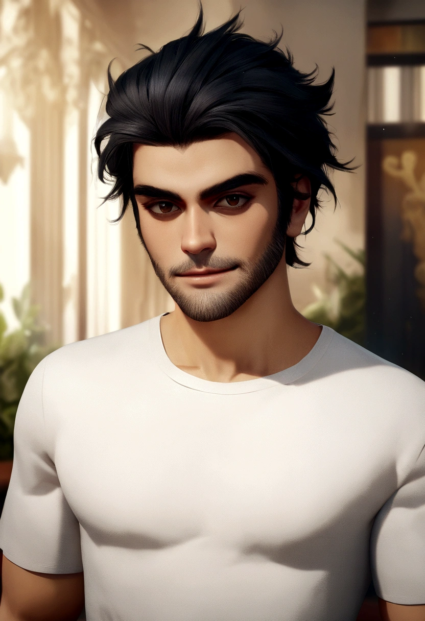 pixarstyle a waist-length portrait of a oscar isaac in a white t-shirt, smile, natural skin texture, 4k textures, hdr, intricate, highly detailed, sharp focus, cinematic look, hyperdetailed SEM BARBA