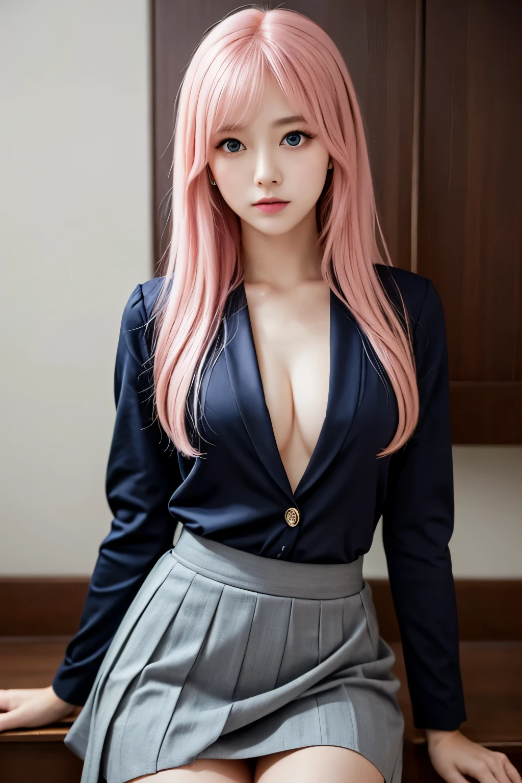 ((best quality)), ((masterpiece)), (detailed), 1 Girl, Sexy,Pink Hair,Long hair,Side-parted long bangs,,Blue Eyes,Wearing a grey suit,Hip skirt,Black long sleeve,Black long sleeve靴。