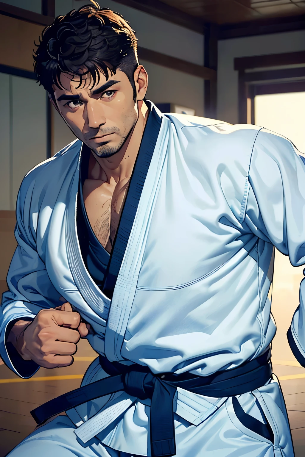 ((A 43-year-old gentleman in a judo uniform2people))((Wearing a judo uniform))((Budokan))Hairy(Muscular)(Short Hair)(Buzz Cut)((good looking)),,(Detailed eyes:1.3),Eyes are black,Esbian all over,