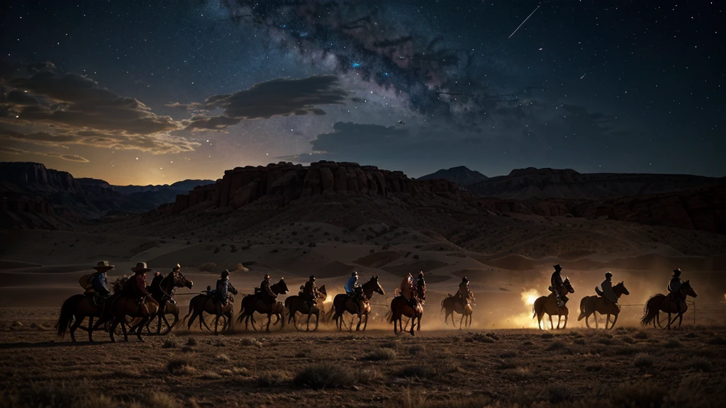 Generate an image: Under the starry night sky of the Wild West, the cowboys of the brave town of Red Rock face a horde of the undead. Dressed in cowboy hats, leather vests, cotton shirts and blue jeans, the cowboys are armed with rifles that flash in the moonlight. The decomposing bodies of the undead advance slowly across the dusty desert landscape, their eyes glowing with fury and malice. The scene is packed with action and tension as the cowboys bravely defend their town from this supernatural threat.