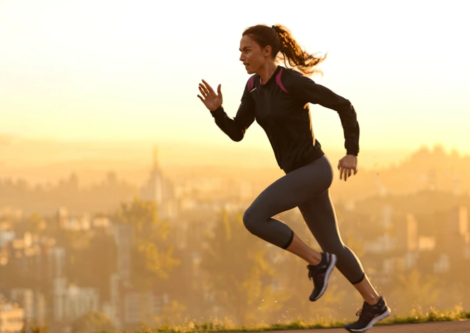 arafed woman running on a hill with a city in the background, girl running, girl is running, running freely, running pose, running, dynamic active running pose, sports clothing, stretch, be running up that hill, sprinting, running sequence, people running, motivational, fast paced, comfortable, surrounding the city, fit woman, sport clothing, gripping
