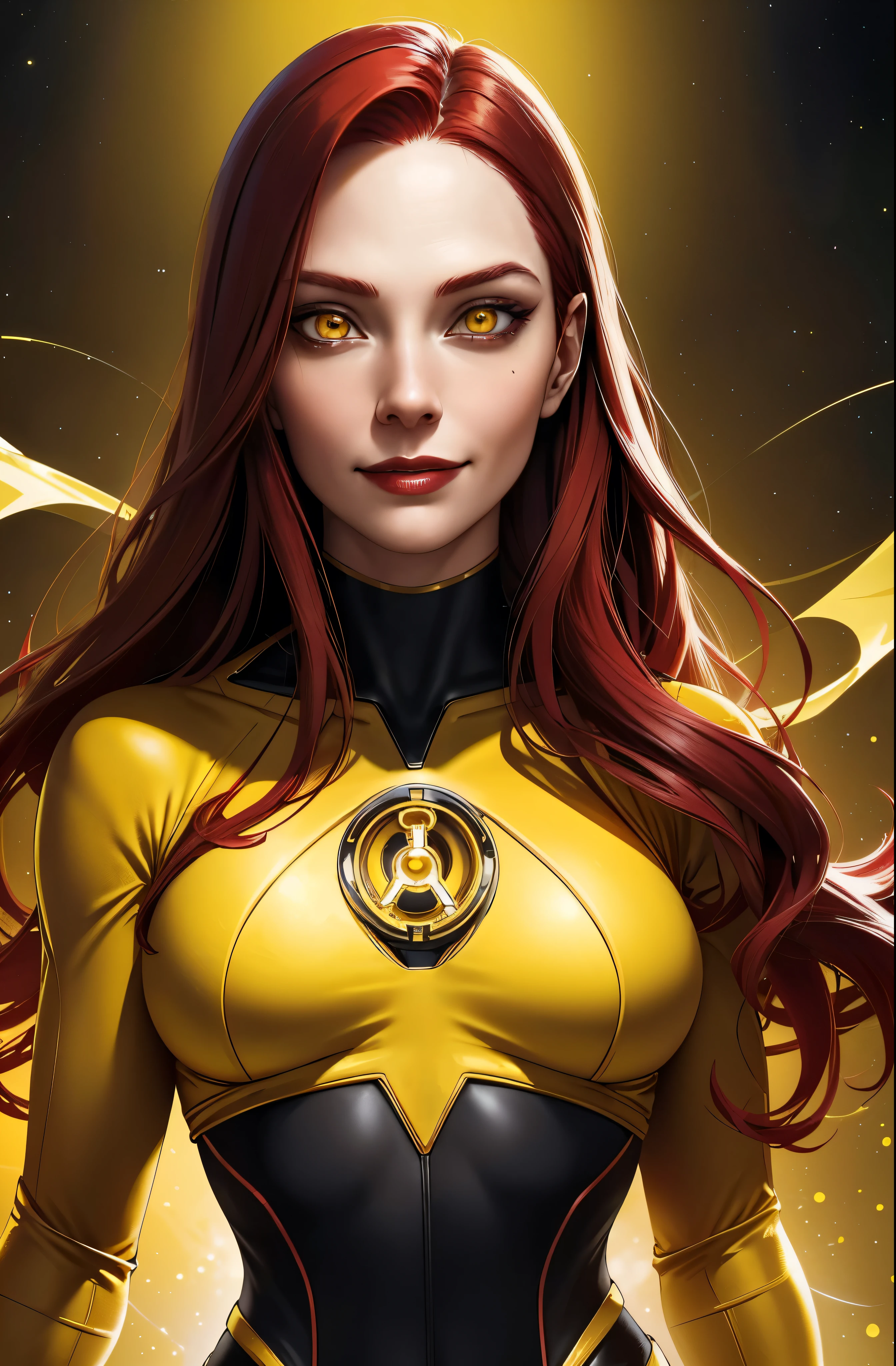 woman, long red hair, yellow eyes, evil smile, yellow black crop top, wearing a yellow ring, space background, medium breasts, sexy, feminine, masterpiece, beautiful detailed eyes, detailed face, looking at viewer, glowing, half body portrait, yellow lantern, magazine pose, flying, scarlet witch