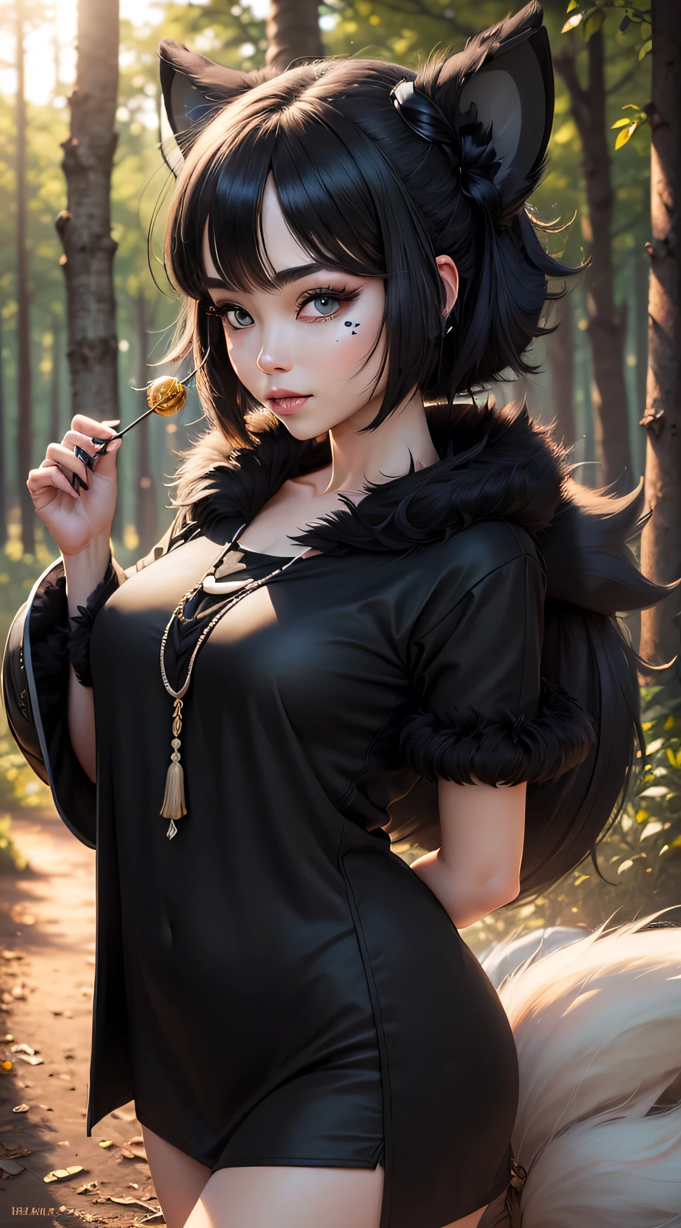 [a realistic fox-girl] with black hair and nine tails, (nine tails with black fur:2.0) , nine tails, beautiful face, high cheekbones, green eyes, (very detailed sinto clothes:2.0) , inspired by Sugimura Jihei, delicate and fine, (tentacles:fox tails:0.5), white form, inspired by Sōami, jormungand, mystical creatures, realistic, ultra detailed, sunrise lighting, detailed forest background