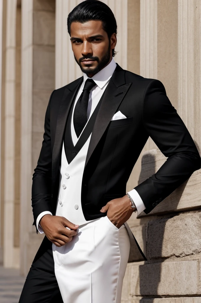 Un hombre con traje negro completo y elegante, una cara que no se vea mas que los ojos rojos brillantes y que tenga unas alas blancas