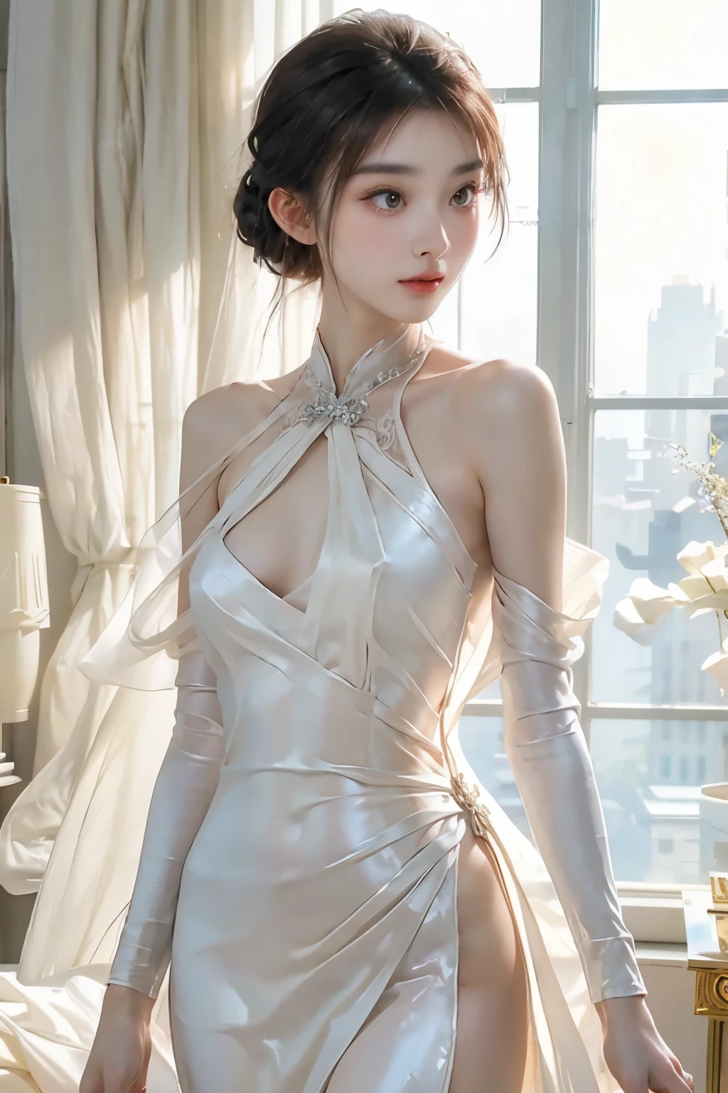 8k、 (Sexy costume with shiny silk opening), Enchanting Girl, Very detailed,Audrey Hepburn, Exquisite decorative details 、Pastel tones 、 Very intricate details 、 Realistic Light,Luxury Bridal Dress,sideboob、（Wearing glasses）、From the side、(cross-laced clothes)、see-through silhouette,