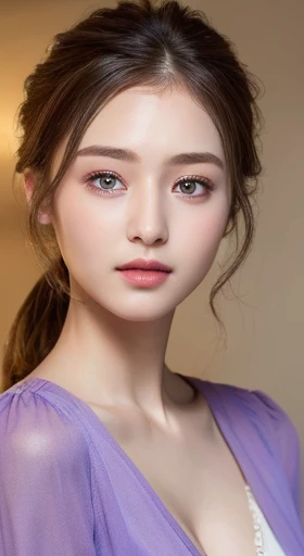 ((Highest quality, 8k, masterpiece :1.3)), One girl, Slim beautiful woman: 1.3, (Casual Hairstyles), Purple blouse: 1.2, Highly detailed face, Delicate eyes, double eyelid, Soft Breasts, Exposed cleavage