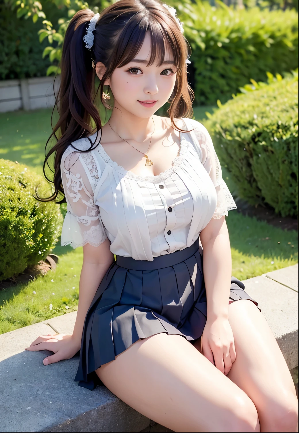(Highest quality,masterpiece:1.3,Ultra-high resolution),(Very detailed、Caustics) (Realistic:1.4, RAW shooting、)Ultra-Realistic Capture、Very detailed、Natural skin texture、masterpiece、(Japanese girl wearing a lace blouse and pleated skirt:1.3)、Adorable expression、Expressions of happiness、、Height: 160cm、Young Face、Amazingly cute、Twin tail hairstyle、Curly Hair、Scrunchie、necklace、Black Hair、Heavy makeup、Large breasts、Shining thighs、Private Garden Photoshoot、Sit on the grass with your legs apart、Showing panties、Background details、smile、An inviting gaze、Anatomically correct、Attention to detail、Sexy and cute pose、Heeled sandals、