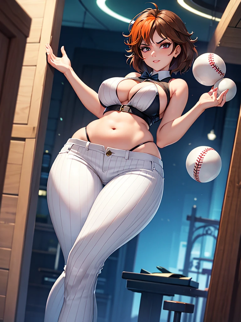 merula, full body, thighs, high heels, solo girl, medium tits, baseball pinstripe white pants, top, belly