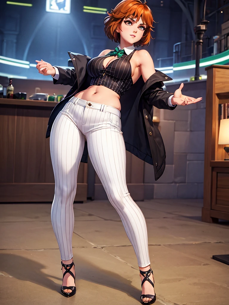 merula, full body, thighs, high heels, solo girl, medium tits, baseball pinstripe white pants, top, belly