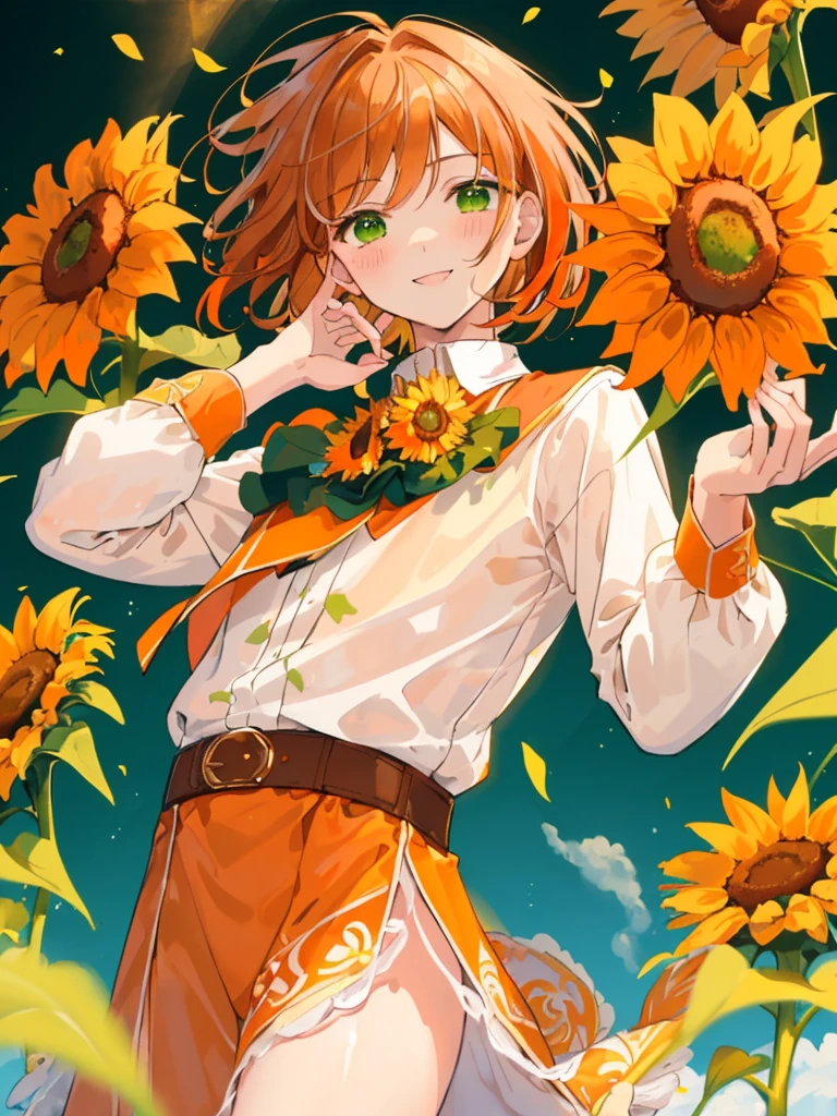 masterpiece、Highest quality、Super detailed、Very delicate、solo、One boy、1 male、(Orange brown hair:1.25),(Fluffy hair:1.2),(short hair:1.2),(Center parted bangs),sunflower,(Green Eyes:1.4),(blush)、smile,(Long sleeve shirt:1.25),