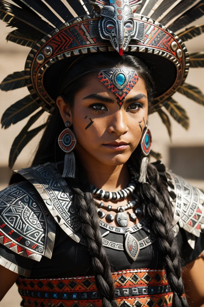 a close up of a person wearing a costume, aztec warrior, an aztec warrior, aztec yaotl warrior, aztec god, aztec fantasy, rich aztec jaguar armor, mayan jaguar warrior, aztec warrior with jaguar mask, aztec mythology, aztec warrior goddess, mexican warrior, azctec warrior, aztec, aztec street fashion, jrpg aztec street fashion