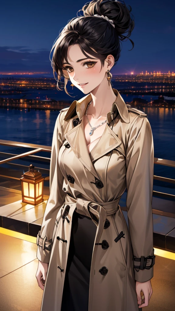 (masterpiece:1.3, Highest quality, Ultra-high resolution, Super detailed), (Realistic, photoRealistic:1.4), Beautiful illustrations, Perfect lighting, colorful, Depth of written boundary, 
Beautiful detailed hair, Beautifully detailed face, Beautiful fine details, Beautiful clavicle, Beautiful body, 美しいLarge Breasts, Beautiful thighs, Beautiful feet, Beautiful fingers, 
(Open Court、Beige trench coat:1.4), ((blouse、Black long skirt 1.4))、
View Viewer、Front view:0.8, Beauty1人, Japanese, Beauty、30 years old, Perfect Face, (Perfect Anatomy, Anatomically correct), Cute and symmetrical face, Baby Face, , Shiny skin, 
(Black Hair, Updo Hair:1.4),  Dark brown eyes, Large Breasts, Slim body, 
necklace, (Small earrings:1.3), 
(Beautiful views), (night), (city, cityscape in the distance), Are standing, A soft smile、(Smile, Lips parted), 