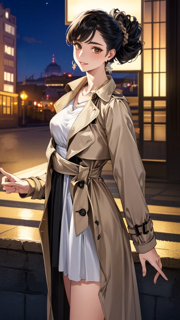 (masterpiece:1.3, Highest quality, Ultra-high resolution, Super detailed), (Realistic, photoRealistic:1.4), Beautiful illustrations, Perfect lighting, colorful, Depth of written boundary, 
Beautiful detailed hair, Beautifully detailed face, Beautiful fine details, Beautiful clavicle, Beautiful body, 美しいLarge Breasts, Beautiful thighs, Beautiful feet, Beautiful fingers, 
(Open Court、Beige trench coat:1.4), ((blouse、Black long skirt 1.4))、
View Viewer、Front view:0.8, Beauty1人, Japanese, Beauty、30 years old, Perfect Face, (Perfect Anatomy, Anatomically correct), Cute and symmetrical face, Baby Face, , Shiny skin, 
(Black Hair, Updo Hair:1.4),  Dark brown eyes, Large Breasts, Slim body, 
necklace, (Small earrings:1.3), 
(Beautiful views), (night), (city, cityscape in the distance), Are standing, A soft smile、(Smile, Lips parted), 