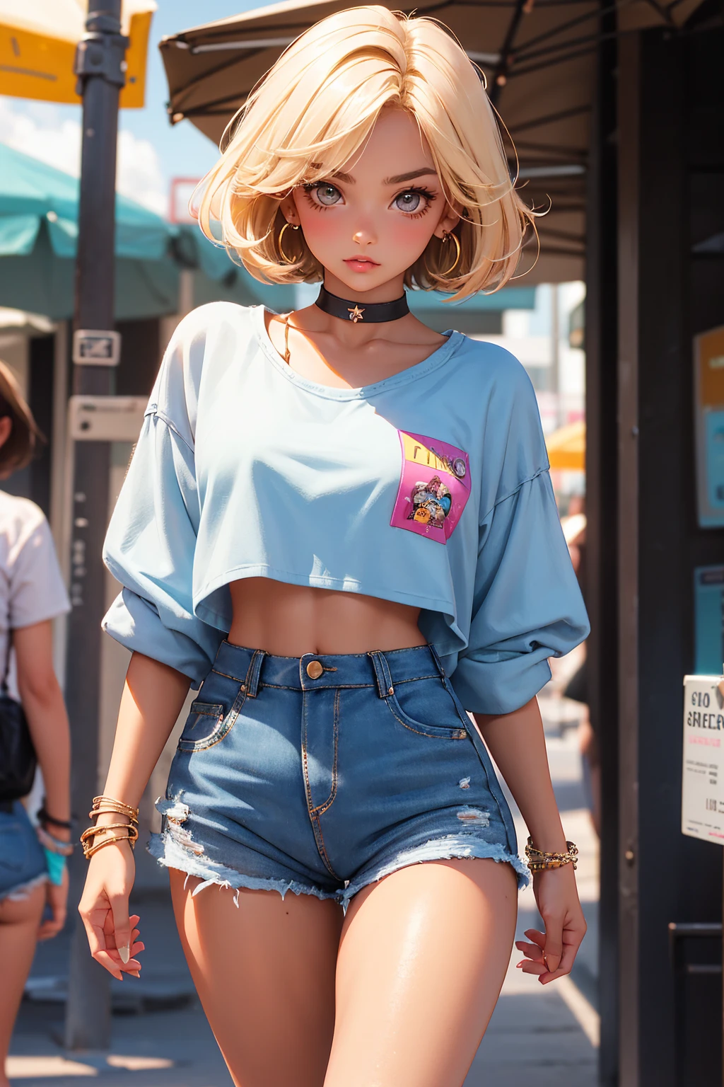 Teenage girl-model 18 years old, beautiful, tanned, blonde, bob hair, bangs, brown eyes, beautiful figure, girl wearing crop shirt and too short mini shorts, beautiful long legs, slave bracelets, slave choker, manicure, cute makeup, flirtatiously posing, hot summer, hot flirty, sexy posing, summer outfit, top quality, higest quality, pin-up style, retro 80s style, Daisy Dukes style, Miami vibes, Californian